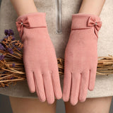 Solid Color Bow Decor Gloves Stylish Fleece Warm Touch Screen Gloves Winter Outdoor Driving Coldproof Gloves