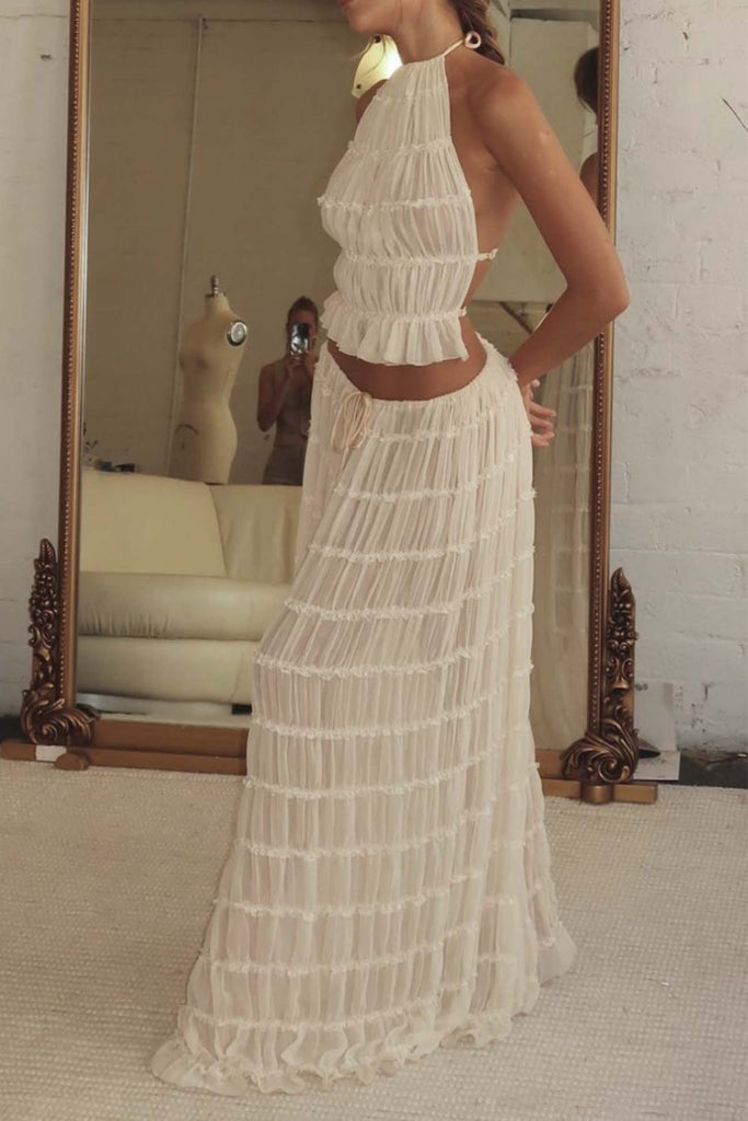 Greatnfb Halterneck Backless Pleated Tiered Skirt Two-piece Set