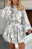 Greatnfb Retro Print Pearl Button A-line Dress