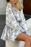 Greatnfb Retro Print Pearl Button A-line Dress