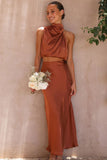 Greatnfb Satin Mock Neck Sleeveless Crop Top Midi Skirt Suits