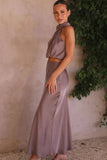 Greatnfb Satin Mock Neck Sleeveless Crop Top Midi Skirt Suits