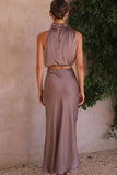 Greatnfb Satin Mock Neck Sleeveless Crop Top Midi Skirt Suits
