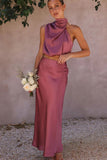 Greatnfb Satin Mock Neck Sleeveless Crop Top Midi Skirt Suits