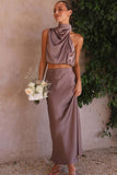 Greatnfb Satin Mock Neck Sleeveless Crop Top Midi Skirt Suits
