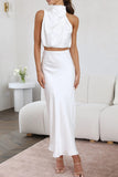Greatnfb Satin Mock Neck Sleeveless Crop Top Midi Skirt Suits