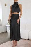 Greatnfb Satin Mock Neck Sleeveless Crop Top Midi Skirt Suits