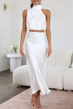 Greatnfb Satin Mock Neck Sleeveless Crop Top Midi Skirt Suits