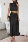 Greatnfb Satin Mock Neck Sleeveless Crop Top Midi Skirt Suits