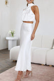 Greatnfb Satin Mock Neck Sleeveless Crop Top Midi Skirt Suits