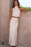 Greatnfb Satin Mock Neck Sleeveless Crop Top Midi Skirt Suits