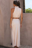 Greatnfb Satin Mock Neck Sleeveless Crop Top Midi Skirt Suits