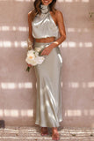 Greatnfb Satin Mock Neck Sleeveless Crop Top Midi Skirt Suits