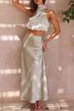 Greatnfb Satin Mock Neck Sleeveless Crop Top Midi Skirt Suits