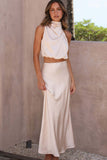 Greatnfb Satin Mock Neck Sleeveless Crop Top Midi Skirt Suits