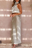 Greatnfb Satin Mock Neck Sleeveless Crop Top Midi Skirt Suits