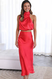 Greatnfb Satin Mock Neck Sleeveless Crop Top Midi Skirt Suits