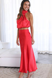 Greatnfb Satin Mock Neck Sleeveless Crop Top Midi Skirt Suits