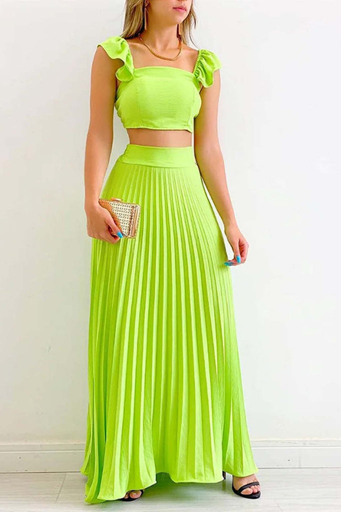Greatnfb Solid Color Ruffled Top Pleated Skirt Set