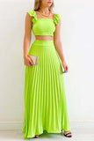 Greatnfb Solid Color Ruffled Top Pleated Skirt Set