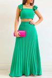 Greatnfb Solid Color Ruffled Top Pleated Skirt Set