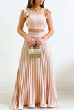 Greatnfb Solid Color Ruffled Top Pleated Skirt Set