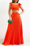 Greatnfb Solid Color Ruffled Top Pleated Skirt Set