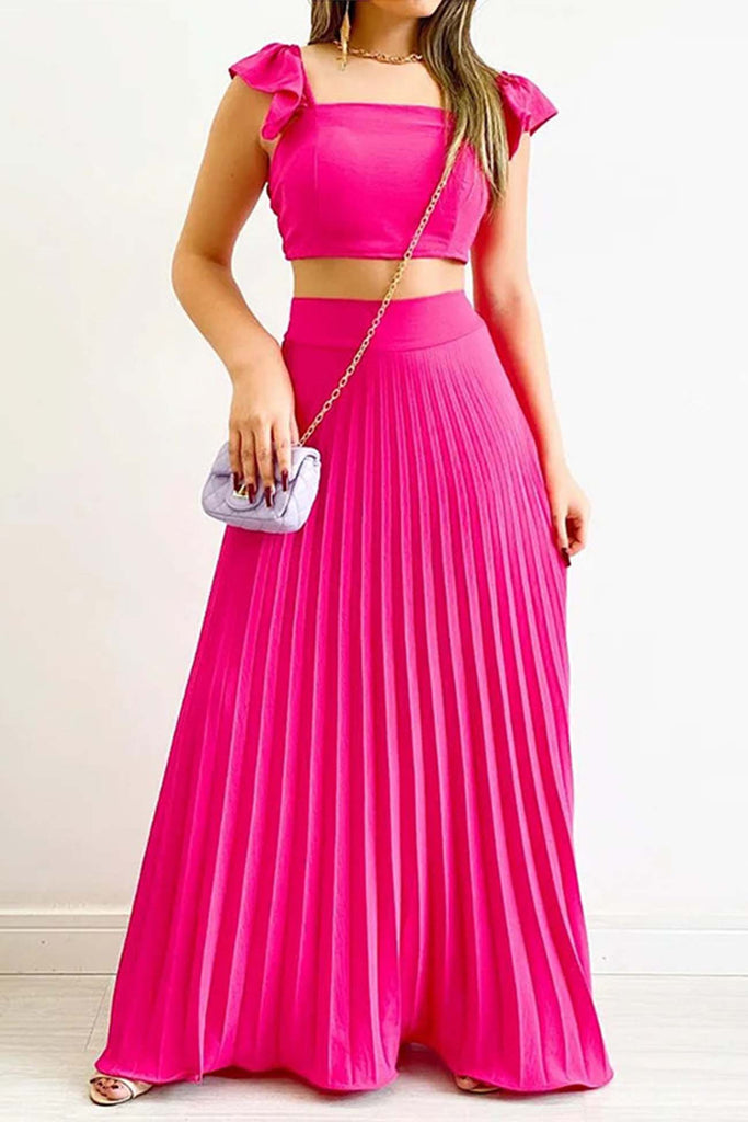 Greatnfb Solid Color Ruffled Top Pleated Skirt Set