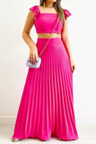 Greatnfb Solid Color Ruffled Top Pleated Skirt Set